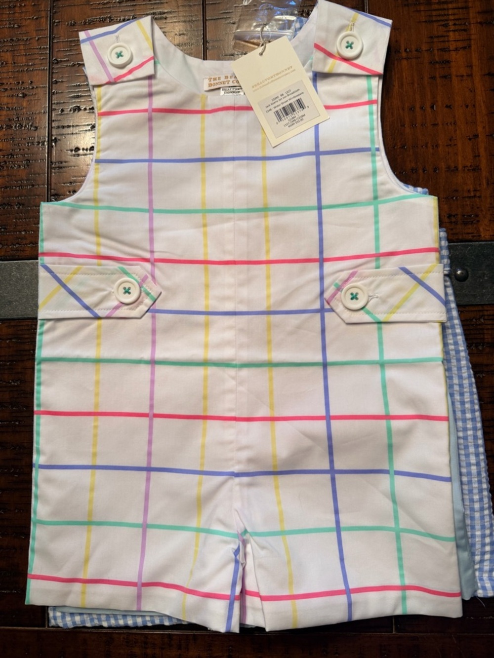 The Beaufort Bonnet Company White Romper with Multicolor Windowpane Stripes